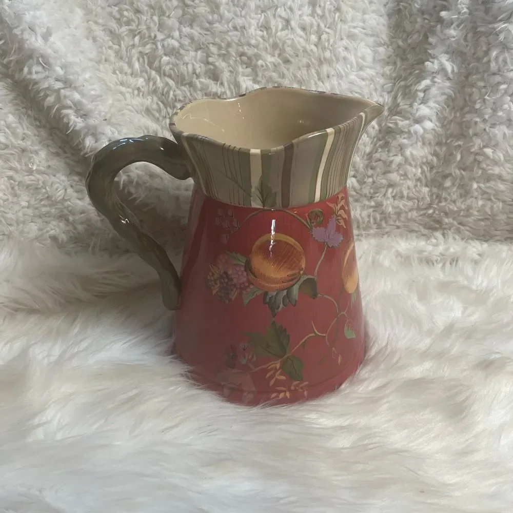 Tracy Porter Octavia Hill Fruit Floral Burnt Red Ceramic Pottery Water Pitcher.